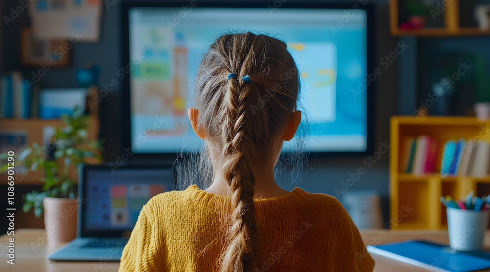 Aufkleber a child with a braid sits in front of a computer, focused on a colorful screen, surrounded by books 