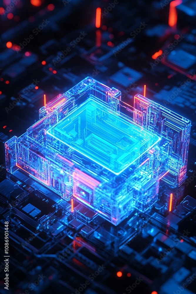 Poster futuristic 3d illustration of a transparent microchip surrounded by neon lights and circuit patterns