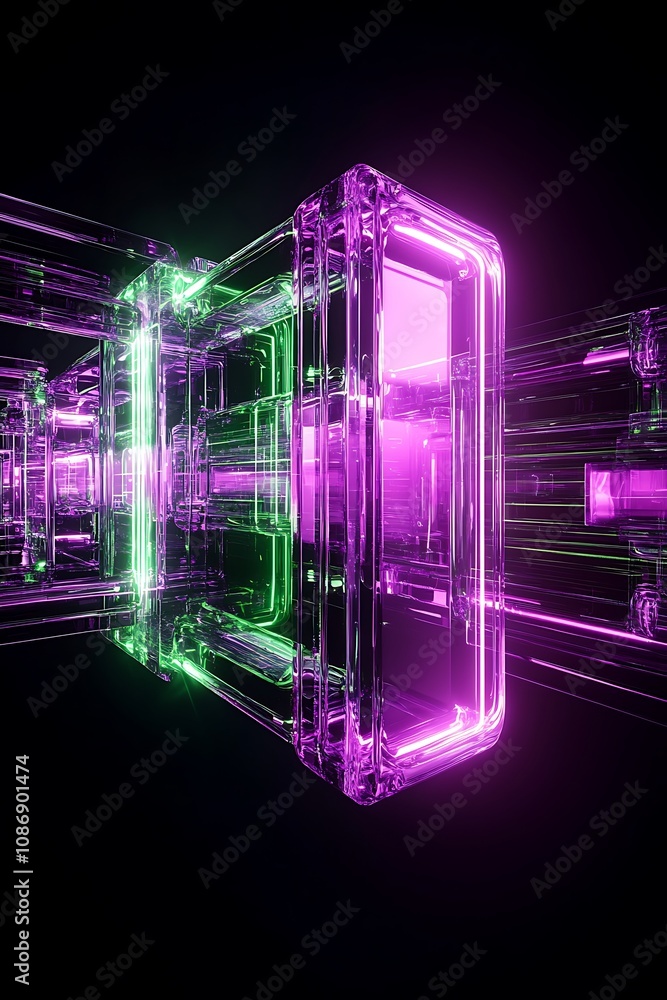 Poster futuristic abstract 3d structure with vibrant neon colors in glass-like material, creating a depth p