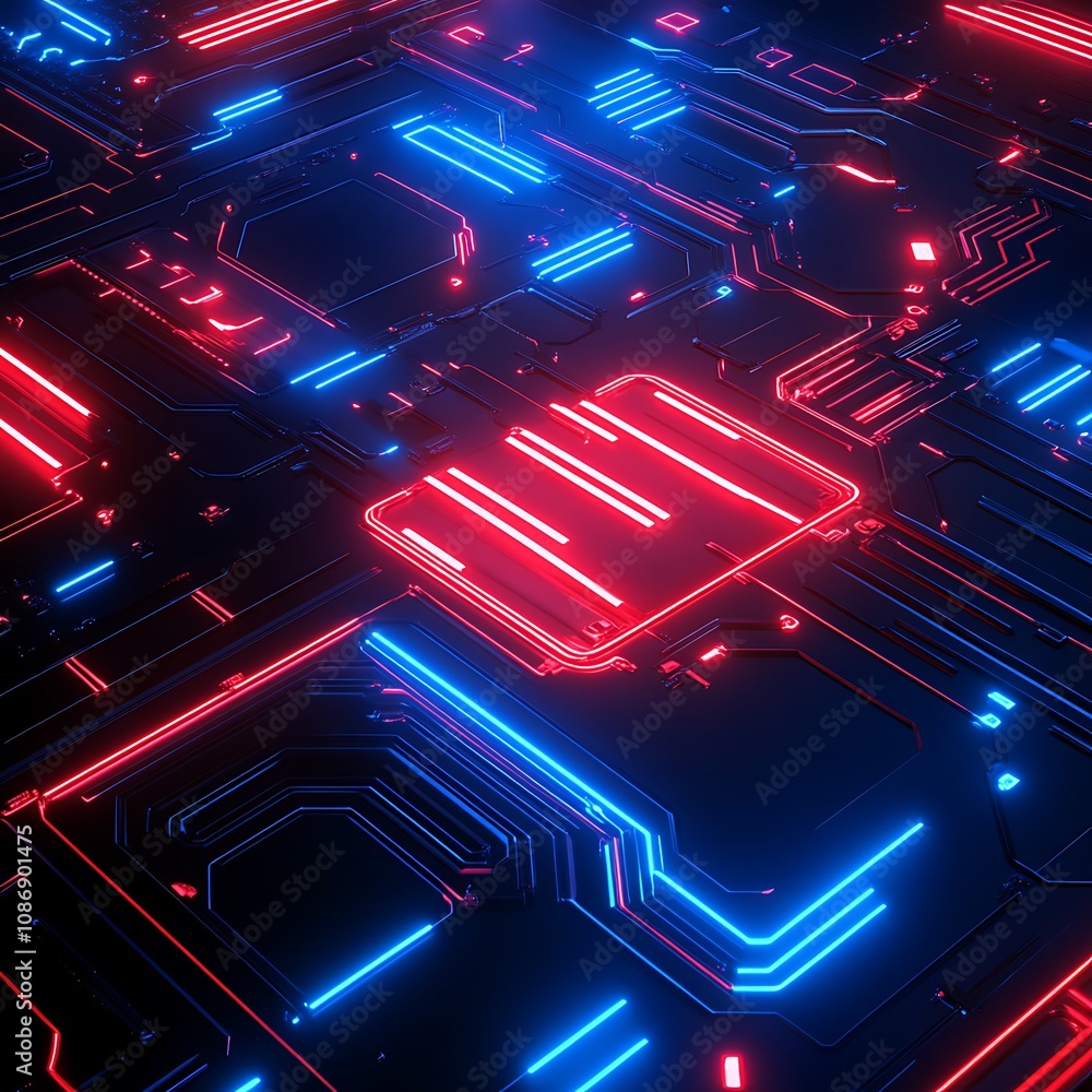 Poster futuristic abstract background featuring blue and red neon circuit patterns on dark surface for tech