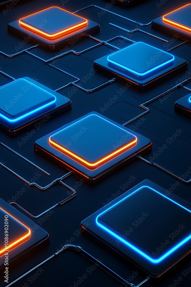 Poster futuristic abstract background with interconnected neon circuitry and glowing squares in blue and or