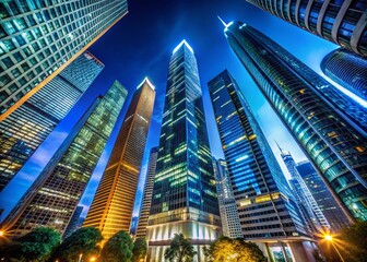 Obraz premium A Striking Low Angle View of Modern Skyscrapers Illuminated at Night Against a Deep Blue Sky, Showcasing Urban Architecture and Illuminated City Life for Stock Imagery