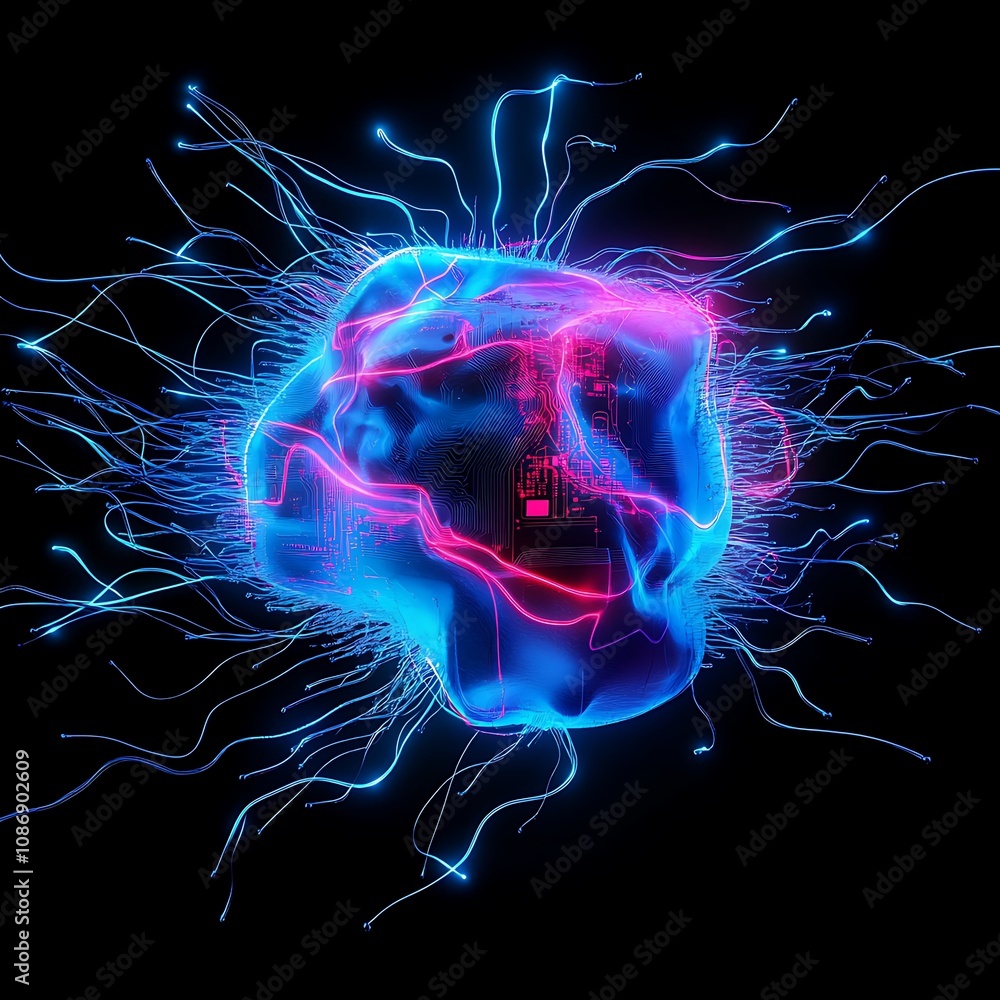 Poster futuristic abstract brain circuit with neon lights and digital energy flow representing artificial i