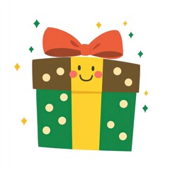 Happy Gift Box with Red Bow - Cute Cartoon Illustration