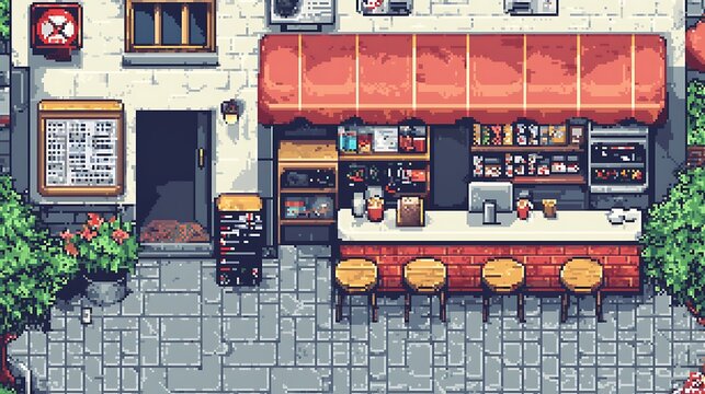 Pixel Art Cafe Exterior Overhead View of a Charming European-Style Coffee Shop.  A top-down perspective showcasing a quaint cafe with pixel art aesthetic.