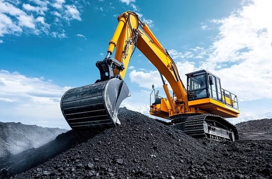An excavator is digging in the coal mine, with a blue sky and white clouds above it