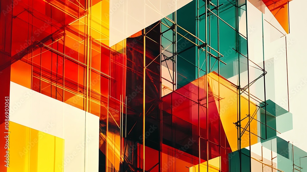 Poster abstract modern building facade with scaffolding and vivid colors