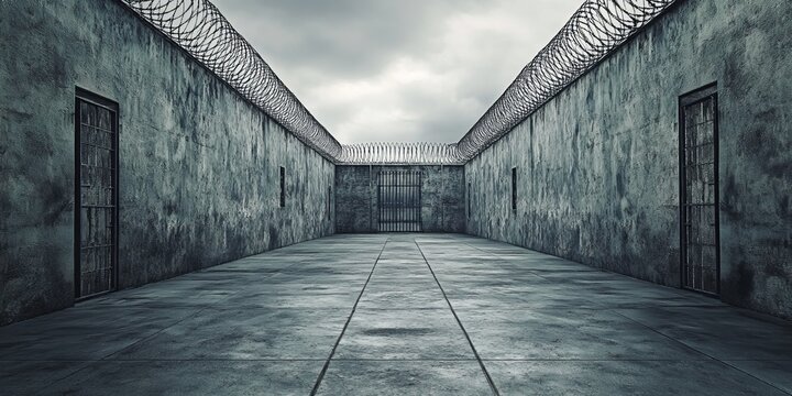 Gloomy prison corridor with barbed wire walls