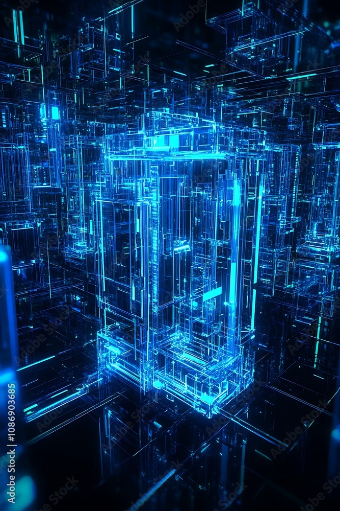 Poster Futuristic Abstract Digital Architecture Scene with Geometric Structures and Glowing Blue Light, Creating a High-Tech Visual Experience of a Modern Cyber Environment
