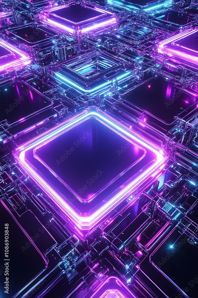 Poster futuristic abstract digital circuit board with neon lights and glowing squares in a modern technolog