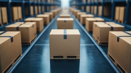 A focused view of neatly arranged cardboard boxes on pallets in a warehouse, highlighting an organized storage and logistics environment.