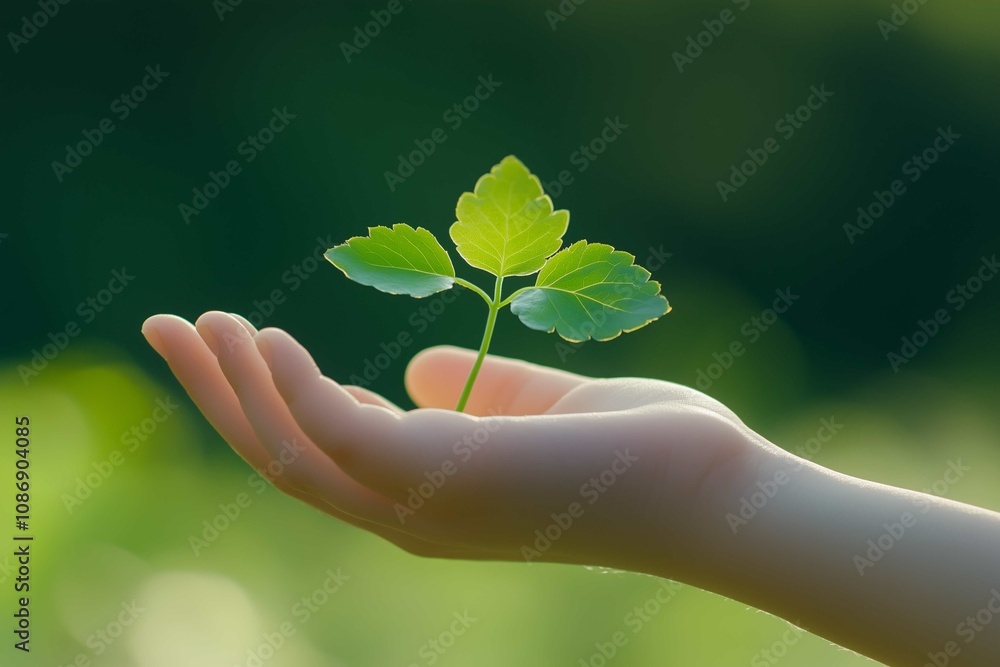 Wall mural A child's hand holds a young plant on a green nature background. Earth day concept eco
