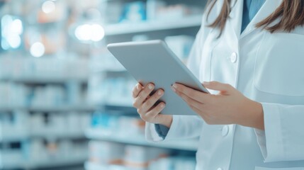 Pharmacist Inventory Management, young female pharmacist closely examining stock levels with a digital tablet in a well-organized medical store environment, efficient and precise work process. - Powered by Adobe