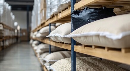 Documentary photograph of modern warehouse shelves with white and beige pillow-shaped containers filled with rice