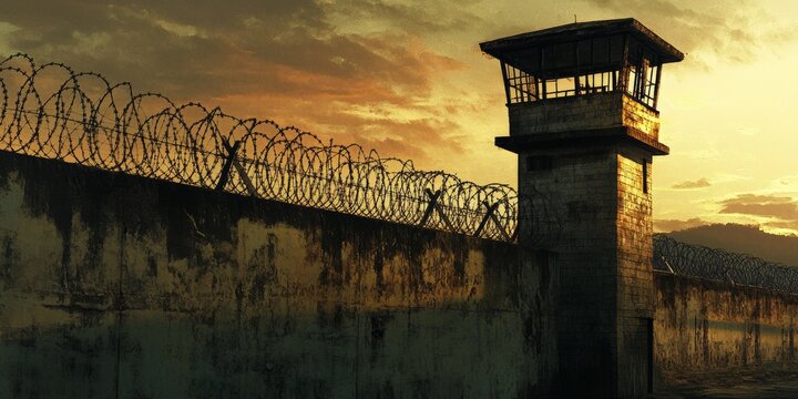 Prison wall and watchtower at sunset
