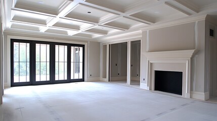 Fototapeta premium Spacious living room with coffered ceiling and fireplace.