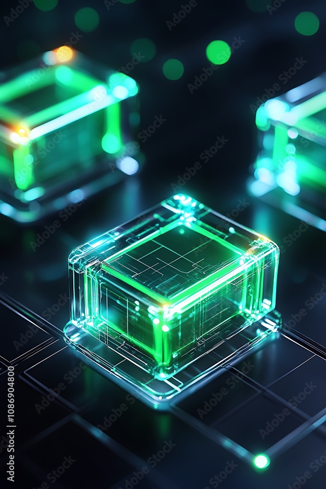 Poster futuristic abstract representation of transparent blocks with glowing edges on a dark background, co