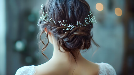 Close up on the hairstyle of a beautiful bride. Concept motif on the subject of hairdresser, wedding and wedding preparations