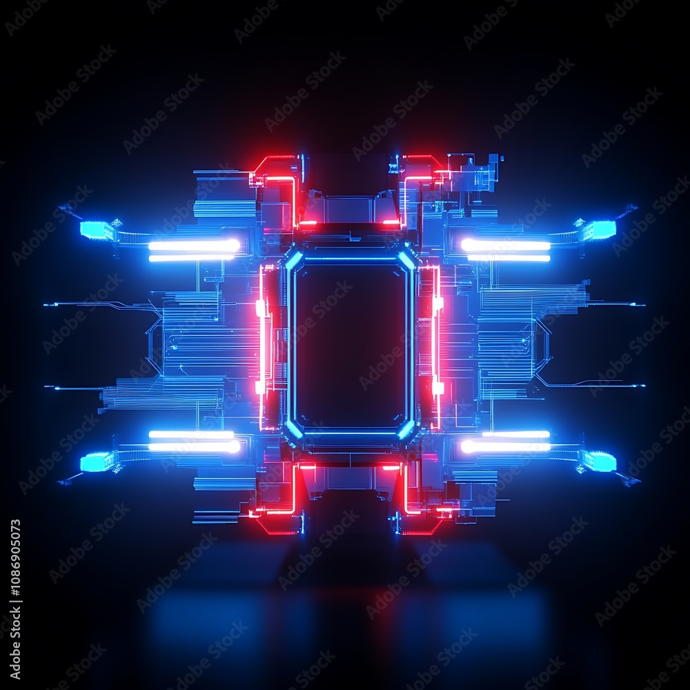 Poster futuristic abstract technology concept with neon lights and circuit patterns in blue and red colors 
