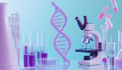 A DNA double helix test tubes with purple liquid and an array of scientific equipment including microscopes on a glass surface in a laboratory setting  light blue background