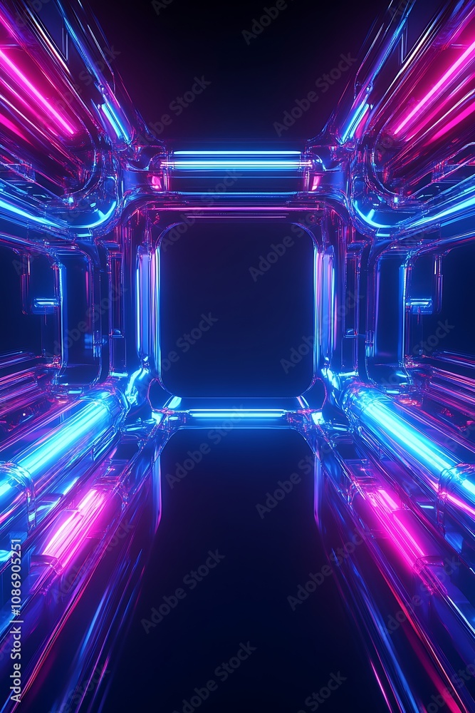 Poster futuristic abstract tunnel with neon lights radiating in pink and blue colors, creating a vibrant an