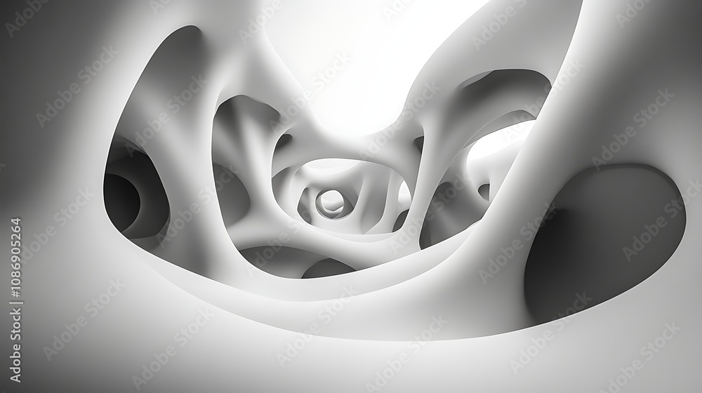 Poster abstract grayscale 3d rendering of a complex, organic, flowing form with interconnected cavities.