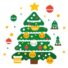 Cute Cartoon Christmas Tree with Smiling Ornaments and Small Trees