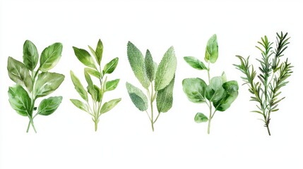 Culinary Herbs Collection, vibrant watercolor illustration showcasing a variety of herbs with a soft blurred background, emphasizing their textures and colors for a fresh appeal