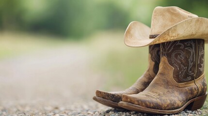 Cowboy Boot and Western Hat Display, a close-up view showcasing classic western attire, emphasizing the texture of the leather boot and the style of the hat, ideal for western culture enthusiasts.