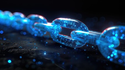 A close-up of a glowing blue chain link, representing digital security and connection.