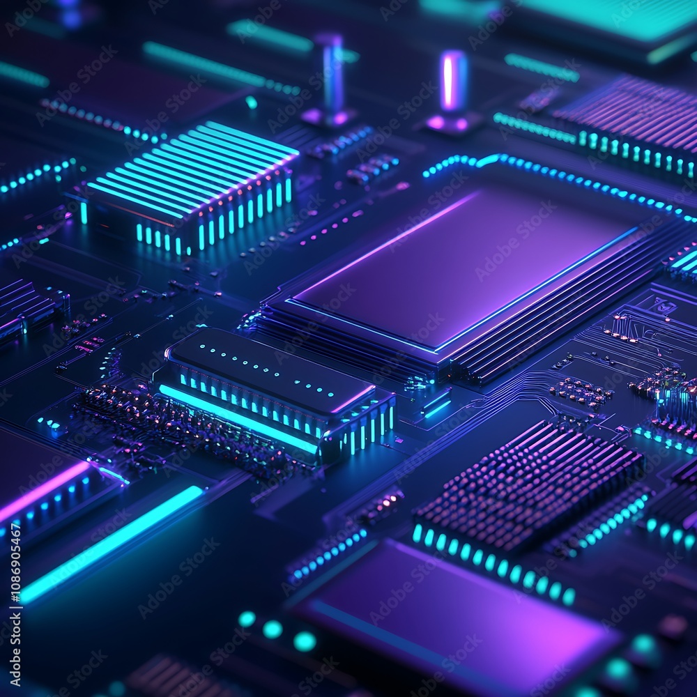 Poster futuristic circuit board design with neon lights and advanced technology elements showcasing high-te