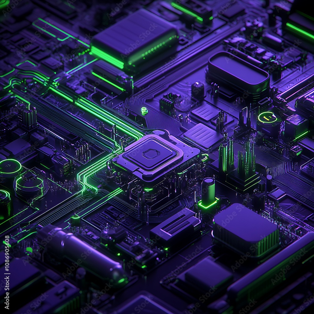 Poster futuristic circuit board with neon green elements and dark background, abstract technology represent