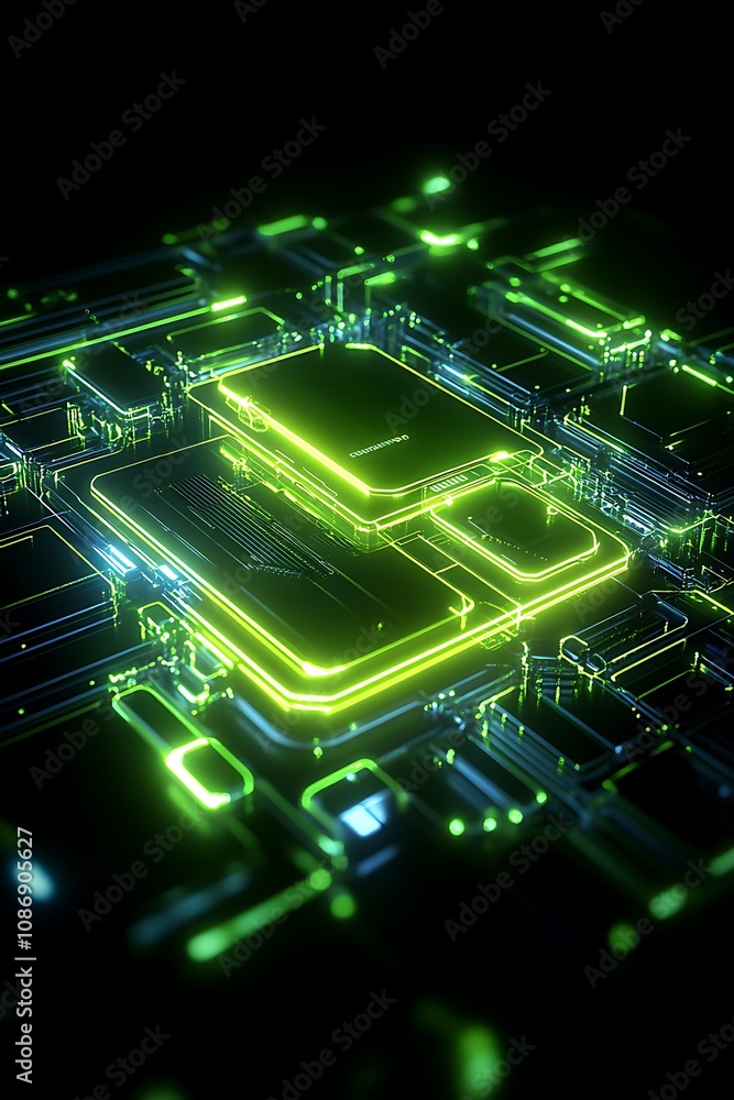 Poster futuristic circuit board with neon green lights and high-tech design elements showcasing the essence