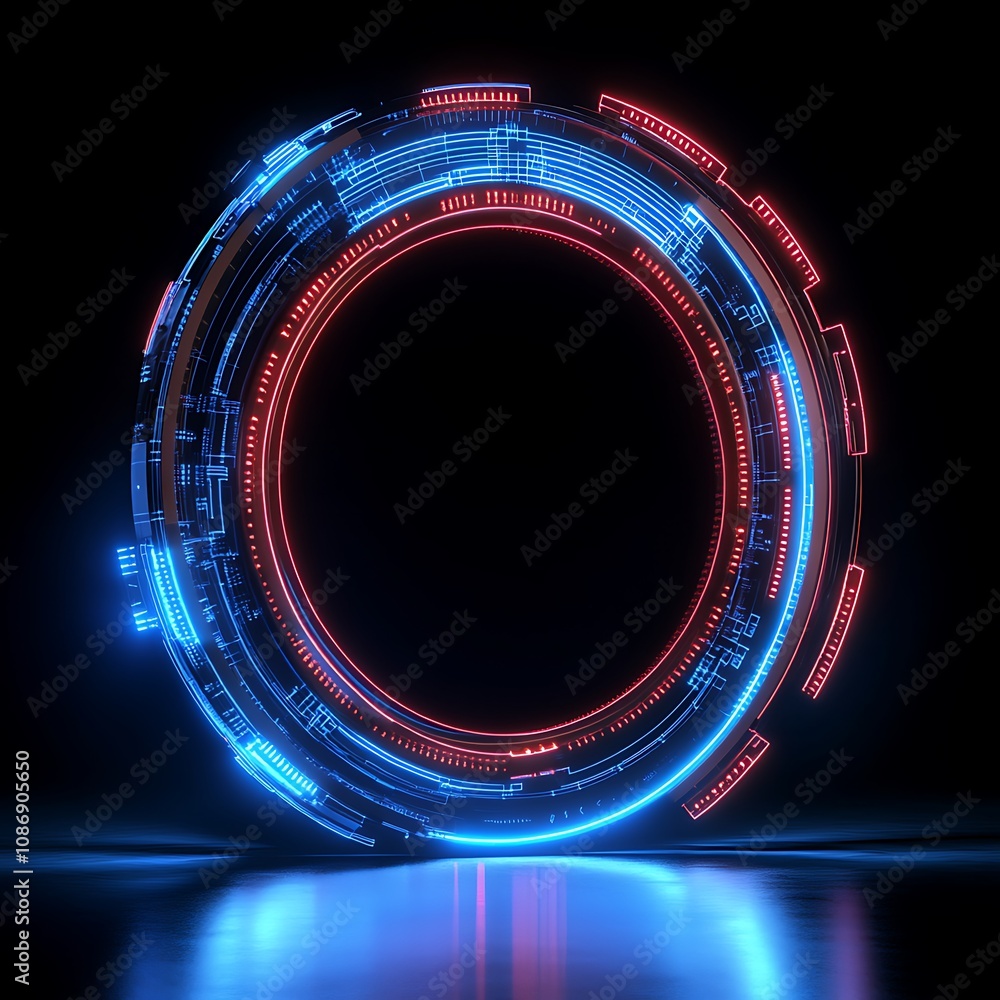 Poster futuristic circular interface design with neon blue and red elements, glowing digital patterns on da