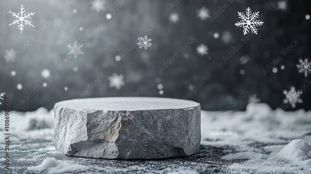 Aufkleber a round stone surrounded by snowflakes in a winter setting with a dark background