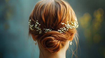 Close up on the hairstyle of a beautiful bride. Concept motif on the subject of hairdresser, wedding and wedding preparations