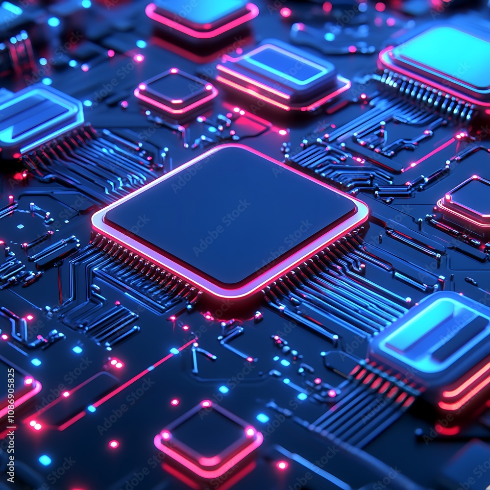 Poster futuristic close-up of a high-tech circuit board with neon lights and microchips, showcasing advance
