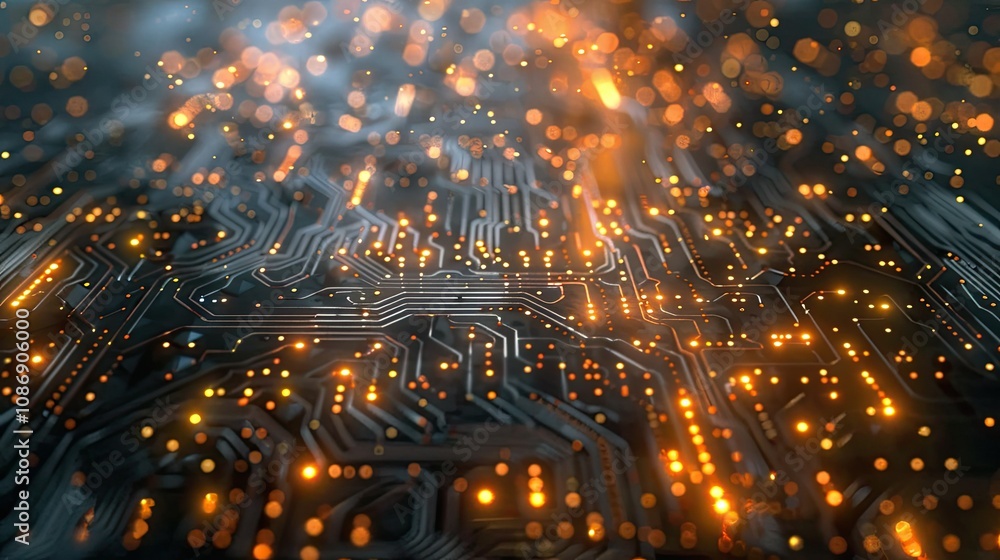 Poster futuristic circuit board with pulsating energy lines