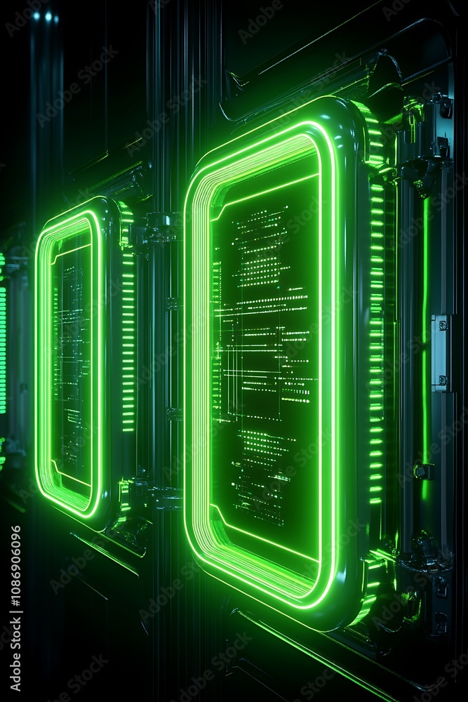 Poster futuristic data interface with neon green glow, high-tech metallic elements, and digital patterns ag