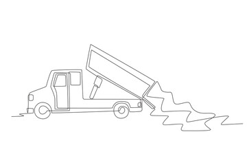 Truck dumps garbage into the river. Water pollution concept one-line drawing