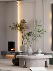 A modern, minimalist living space with stone coffee table, decorative plants, and a cozy fireplace ambiance.  3D rendering