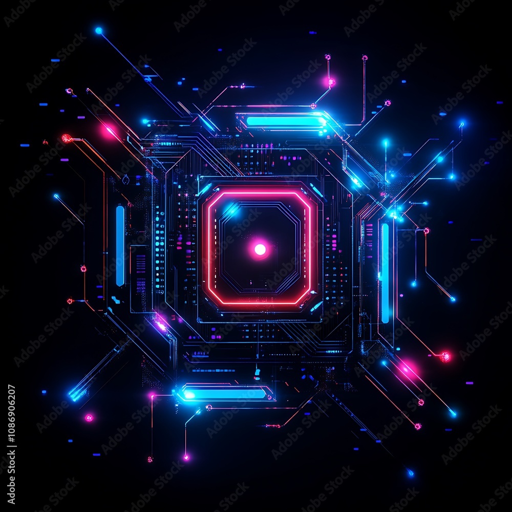 Poster futuristic digital circuit board with bright neon elements showcasing advanced technology and connec