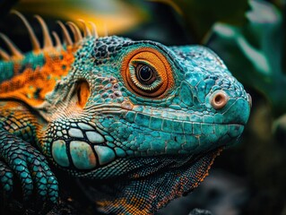 Fototapeta premium Vivid Blue and Orange Parrot Lizard in Focus