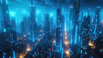 Obraz premium Futuristic cityscape with glowing blue neon lights
