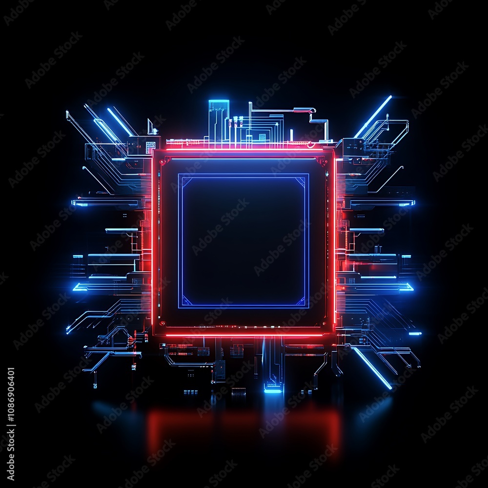 Poster futuristic digital circuit board with neon lights and microchip design, representing technology, inn