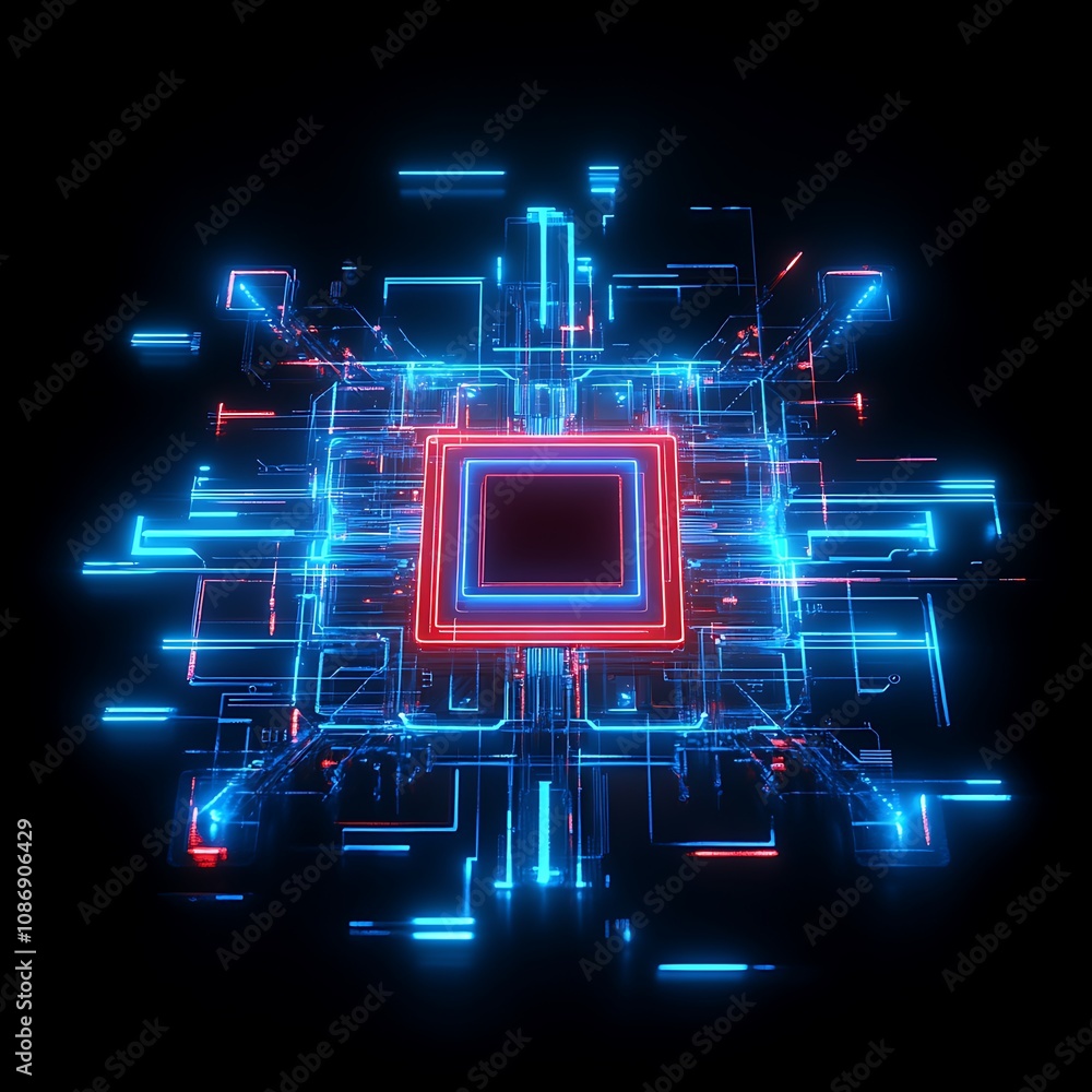 Poster futuristic digital circuit board with neon lights and abstract patterns, representing technology and