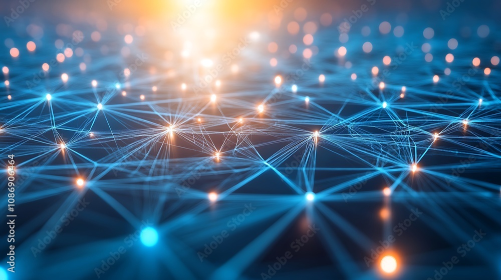 Poster abstract network: interconnected nodes and glowing lines in a digital landscape