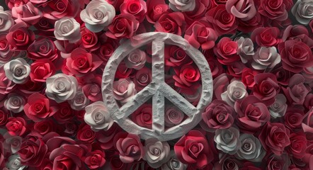 Obraz premium A peace sign is surrounded by a bunch of red and white roses. The roses are arranged in a way that they form the shape of the peace sign. Concept of peace and harmony, as the roses