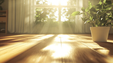 Sunlit 3D Render of a Cozy Living Room with Large Window and Wooden Flooring. Modern Interior Design Concept with Natural Light and Warm Ambiance