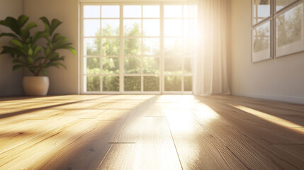 Fototapeta premium Sunlit 3D Render of a Cozy Living Room with Large Window and Wooden Flooring. Modern Interior Design Concept with Natural Light and Warm Ambiance